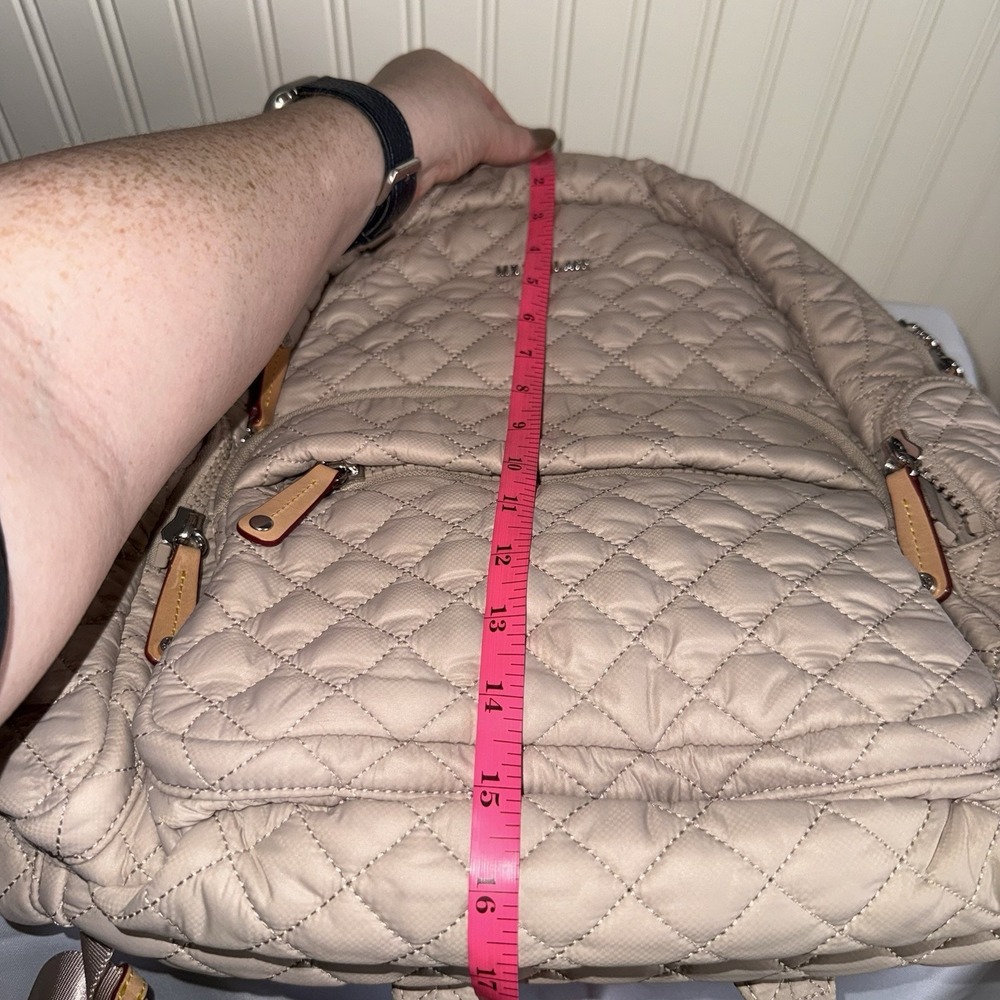 MZ Wallace Pocket Metro Quilted Nylon Backpack Diaper Laptop Work Bag Beige Tan - Picture 15 of 16